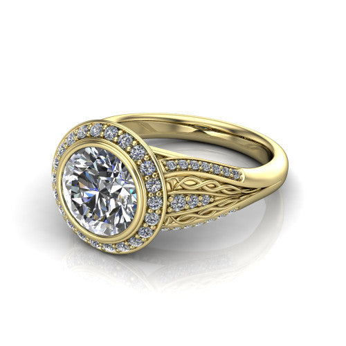 Meadow round vintage halo engagement ring in 14K Yellow Gold with diagonal pavé halo and engraved filigree band, three-quarter perspective view