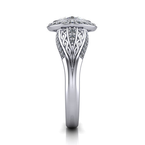 Meadow cushion vintage halo engagement ring in 14K White Gold with diagonal pavé halo and engraved filigree band, side profile showing the hand-engraved filigree band