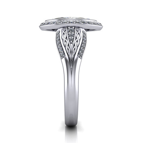 Meadow marquise vintage halo engagement ring in 14K White Gold with diagonal pavé halo and engraved filigree band, side profile showing the hand-engraved filigree band