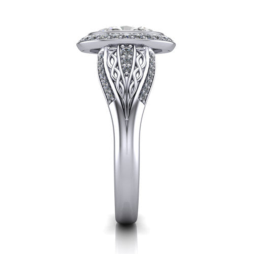 Meadow oval vintage halo engagement ring in 18K White Gold with diagonal pavé halo and engraved filigree band, side profile showing the hand-engraved filigree band