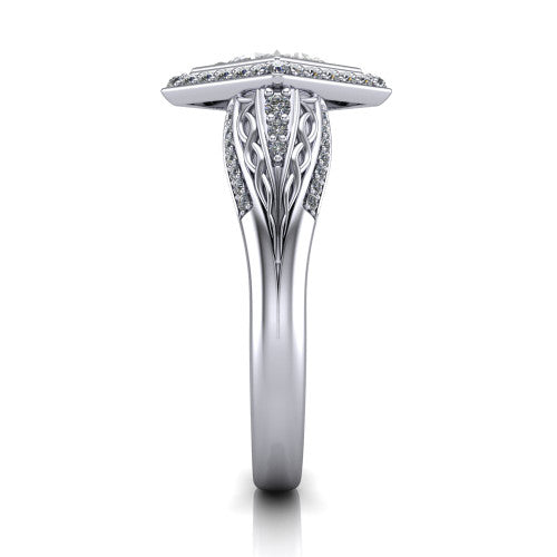 Meadow princess vintage halo engagement ring in 18K White Gold with diagonal pavé halo and engraved filigree band, side profile showing the hand-engraved filigree band
