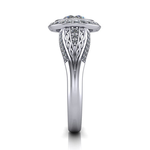 Meadow round vintage halo engagement ring in 14K White Gold with diagonal pavé halo and engraved filigree band, side profile showing the hand-engraved filigree band