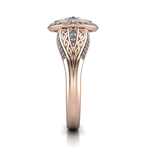 Meadow cushion vintage halo engagement ring in 14K Rose Gold with diagonal pavé halo and engraved filigree band, side profile showing the hand-engraved filigree band