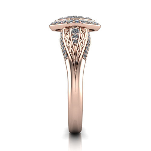Meadow asscher vintage halo engagement ring in 14K Rose Gold with diagonal pavé halo and engraved filigree band, side profile showing the hand-engraved filigree band