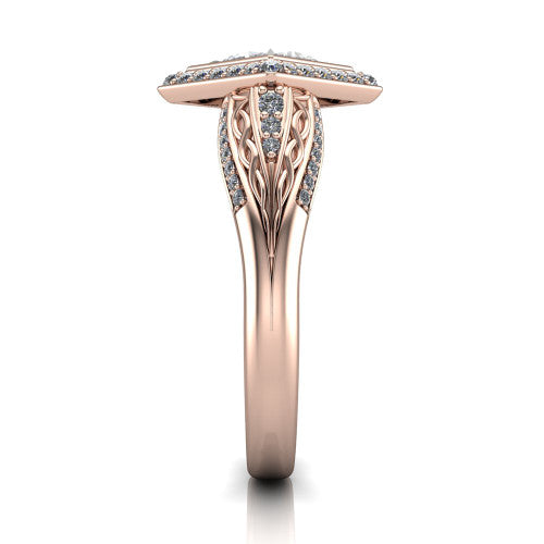 Meadow princess vintage halo engagement ring in 14K Rose Gold with diagonal pavé halo and engraved filigree band, side profile showing the hand-engraved filigree band