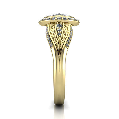 Meadow cushion vintage halo engagement ring in 14K Yellow Gold with diagonal pavé halo and engraved filigree band, side profile showing the hand-engraved filigree band