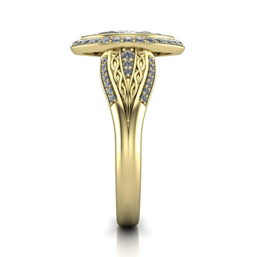 Meadow marquise vintage halo engagement ring in 18K Yellow Gold with diagonal pavé halo and engraved filigree band, side profile showing the hand-engraved filigree band