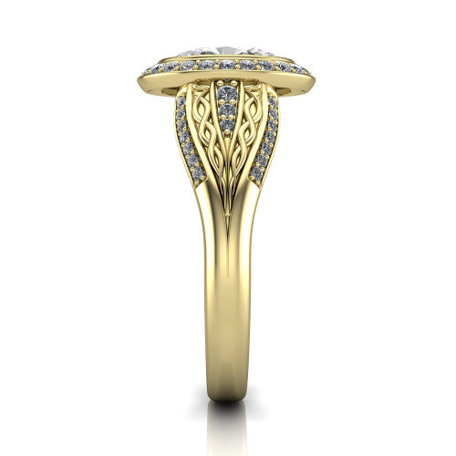 Meadow oval vintage halo engagement ring in 14K Yellow Gold with diagonal pavé halo and engraved filigree band, side profile showing the hand-engraved filigree band