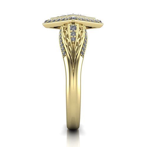 Meadow princess vintage halo engagement ring in 18K Yellow Gold with diagonal pavé halo and engraved filigree band, side profile showing the hand-engraved filigree band