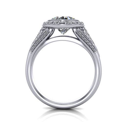 Meadow cushion vintage halo engagement ring in 18K White Gold with diagonal pavé halo and engraved filigree band, through-finger front profile showing the engraved filigree gallery