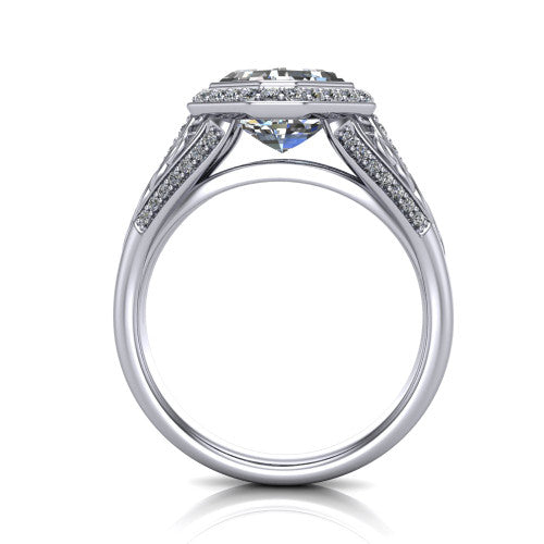 Meadow asscher vintage halo engagement ring in Platinum with diagonal pavé halo and engraved filigree band, through-finger front profile showing the engraved filigree gallery