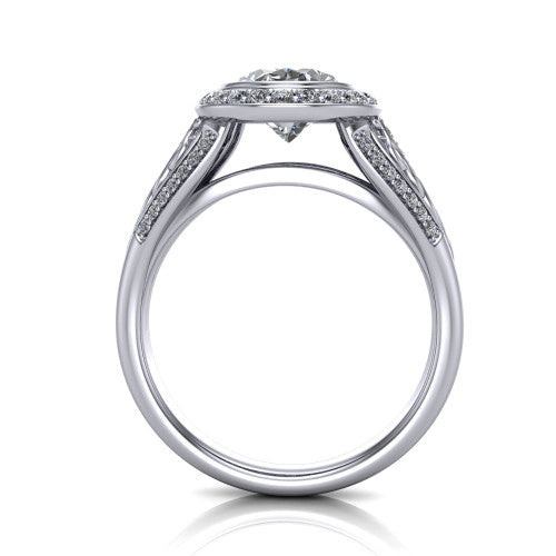 Meadow oval vintage halo engagement ring in 18K White Gold with diagonal pavé halo and engraved filigree band, through-finger front profile showing the engraved filigree gallery