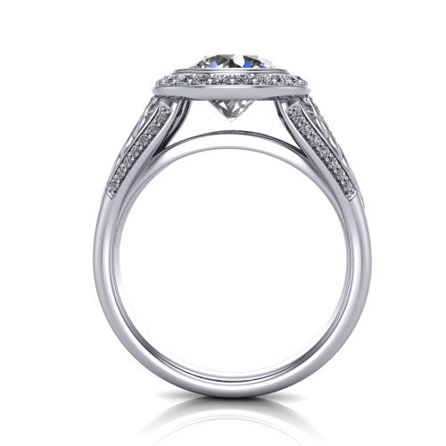 Meadow round vintage halo engagement ring in 18K White Gold with diagonal pavé halo and engraved filigree band, through-finger front profile showing the engraved filigree gallery