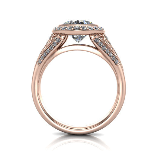 Meadow cushion vintage halo engagement ring in 14K Rose Gold with diagonal pavé halo and engraved filigree band, through-finger front profile showing the engraved filigree gallery