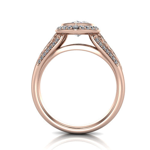 Meadow marquise vintage halo engagement ring in 14K Rose Gold with diagonal pavé halo and engraved filigree band, through-finger front profile showing the engraved filigree gallery