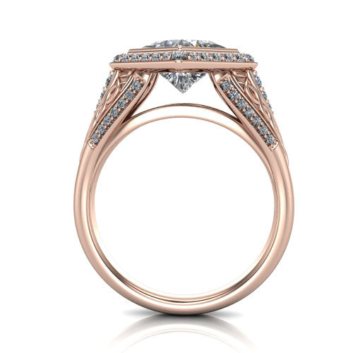 Meadow princess vintage halo engagement ring in 18K Rose Gold with diagonal pavé halo and engraved filigree band, through-finger front profile showing the engraved filigree gallery