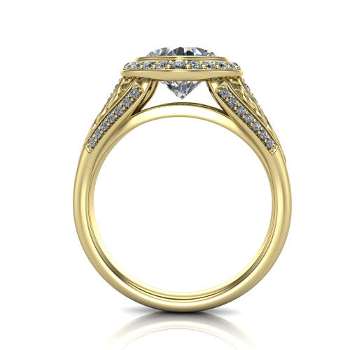 Meadow cushion vintage halo engagement ring in 18K Yellow Gold with diagonal pavé halo and engraved filigree band, through-finger front profile showing the engraved filigree gallery