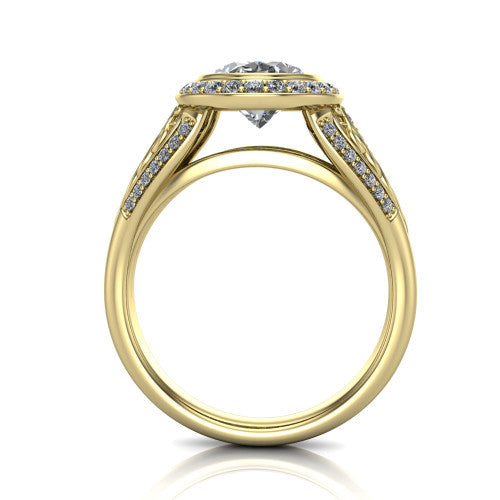 Meadow oval vintage halo engagement ring in 14K Yellow Gold with diagonal pavé halo and engraved filigree band, through-finger front profile showing the engraved filigree gallery