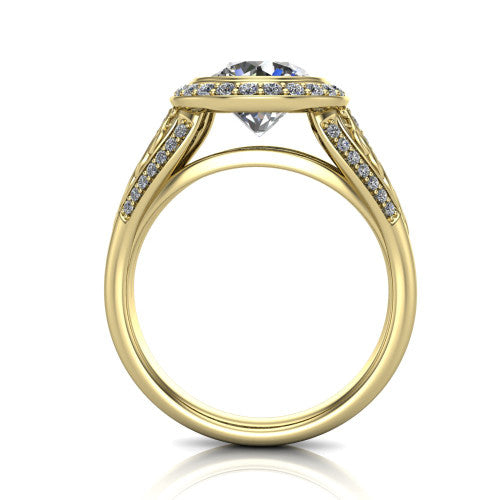 Meadow round vintage halo engagement ring in 18K Yellow Gold with diagonal pavé halo and engraved filigree band, through-finger front profile showing the engraved filigree gallery