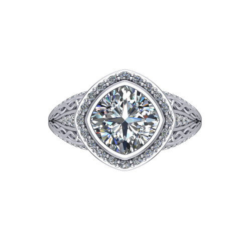 Meadow cushion vintage halo engagement ring in 18K White Gold with diagonal pavé halo and engraved filigree band, top-down view of the diagonal pavé halo set on point