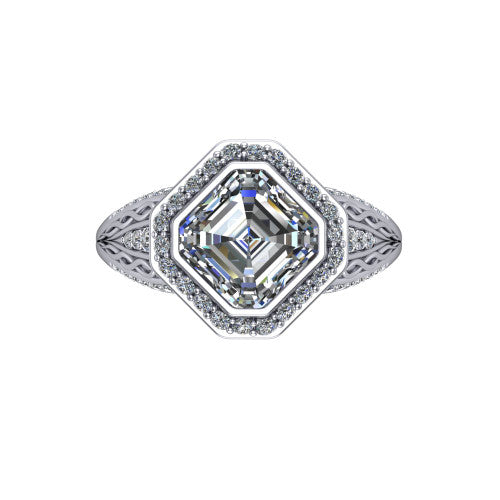 Meadow asscher vintage halo engagement ring in Platinum with diagonal pavé halo and engraved filigree band, top-down view of the diagonal pavé halo set on point