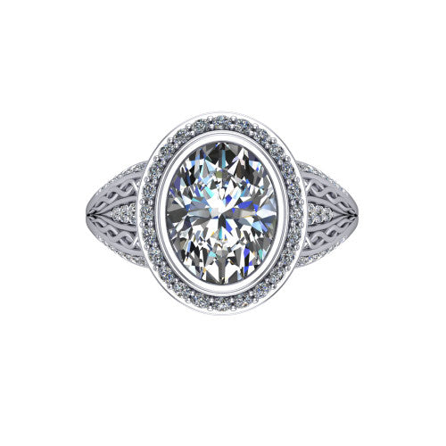 Meadow oval vintage halo engagement ring in 18K White Gold with diagonal pavé halo and engraved filigree band, top-down view of the diagonal pavé halo set on point