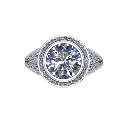 Meadow round vintage halo engagement ring in 14K White Gold with diagonal pavé halo and engraved filigree band, top-down view of the diagonal pavé halo set on point