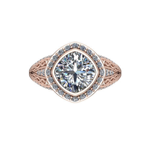Meadow cushion vintage halo engagement ring in 14K Rose Gold with diagonal pavé halo and engraved filigree band, top-down view of the diagonal pavé halo set on point