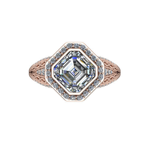 Meadow asscher vintage halo engagement ring in 14K Rose Gold with diagonal pavé halo and engraved filigree band, top-down view of the diagonal pavé halo set on point