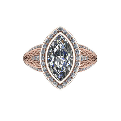 Meadow marquise vintage halo engagement ring in 14K Rose Gold with diagonal pavé halo and engraved filigree band, top-down view of the diagonal pavé halo set on point