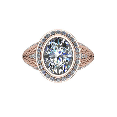 Meadow oval vintage halo engagement ring in 18K Rose Gold with diagonal pavé halo and engraved filigree band, top-down view of the diagonal pavé halo set on point