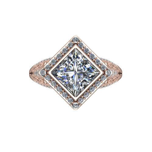 Meadow princess vintage halo engagement ring in 18K Rose Gold with diagonal pavé halo and engraved filigree band, top-down view of the diagonal pavé halo set on point