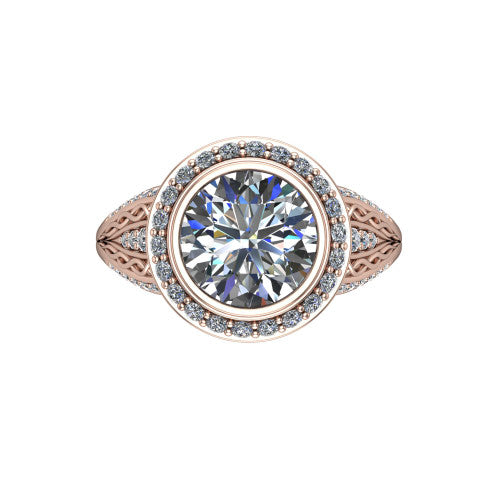 Meadow round vintage halo engagement ring in 18K Rose Gold with diagonal pavé halo and engraved filigree band, top-down view of the diagonal pavé halo set on point