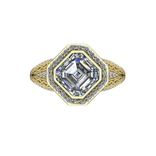 Meadow asscher vintage halo engagement ring in 18K Yellow Gold with diagonal pavé halo and engraved filigree band, top-down view of the diagonal pavé halo set on point