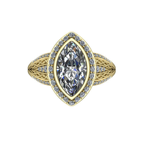 Meadow marquise vintage halo engagement ring in 14K Yellow Gold with diagonal pavé halo and engraved filigree band, top-down view of the diagonal pavé halo set on point
