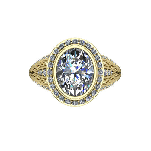 Meadow oval vintage halo engagement ring in 14K Yellow Gold with diagonal pavé halo and engraved filigree band, top-down view of the diagonal pavé halo set on point