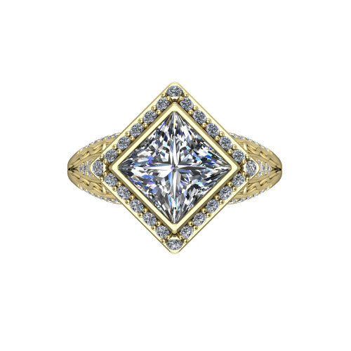 Meadow princess vintage halo engagement ring in 18K Yellow Gold with diagonal pavé halo and engraved filigree band, top-down view of the diagonal pavé halo set on point