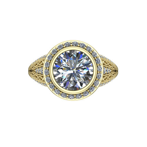 Meadow round vintage halo engagement ring in 14K Yellow Gold with diagonal pavé halo and engraved filigree band, top-down view of the diagonal pavé halo set on point