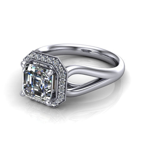 Daleyza square emerald-cut halo engagement ring in Platinum, three-quarter perspective showing the square emerald-cut center diamond, pave halo, and polished split-shank band