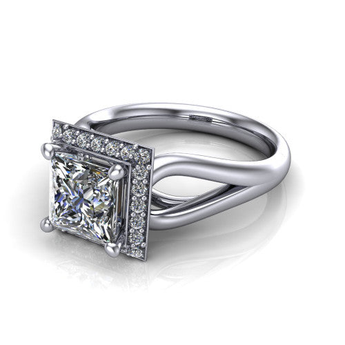 Daleyza princess-cut halo engagement ring in 18K White Gold, three-quarter perspective showing the princess-cut center diamond, pave halo, and polished split-shank band