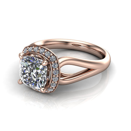Daleyza cushion halo engagement ring in 18K Rose Gold, three-quarter perspective showing the cushion center diamond, pave halo, and polished split-shank band
