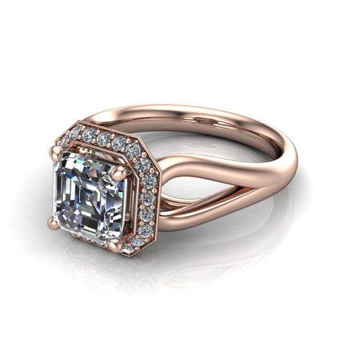 Daleyza square emerald-cut halo engagement ring in 18K Rose Gold, three-quarter perspective showing the square emerald-cut center diamond, pave halo, and polished split-shank band