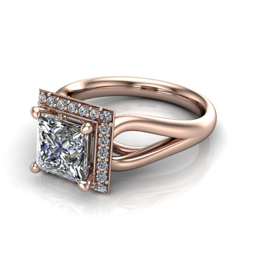 Daleyza princess-cut halo engagement ring in 14K Rose Gold, three-quarter perspective showing the princess-cut center diamond, pave halo, and polished split-shank band
