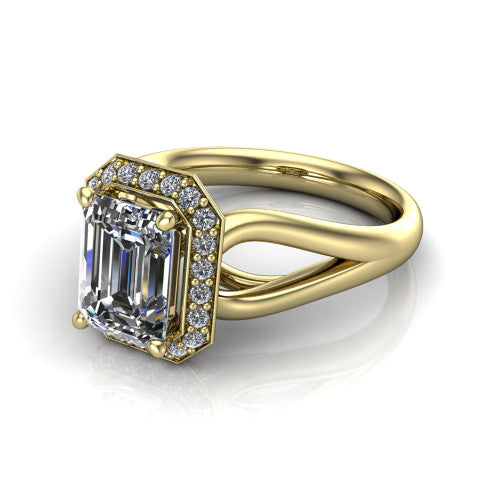 Daleyza emerald-cut halo engagement ring in 14K Yellow Gold, three-quarter perspective showing the emerald-cut center diamond, pave halo, and polished split-shank band