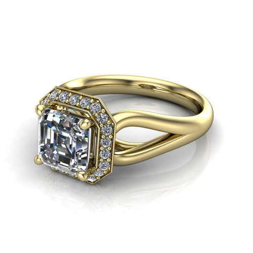 Daleyza square emerald-cut halo engagement ring in 14K Yellow Gold, three-quarter perspective showing the square emerald-cut center diamond, pave halo, and polished split-shank band
