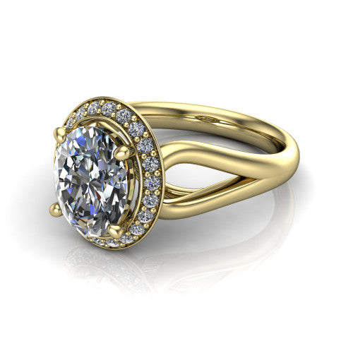Daleyza oval halo engagement ring in 18K Yellow Gold, three-quarter perspective showing the oval center diamond, pave halo, and polished split-shank band
