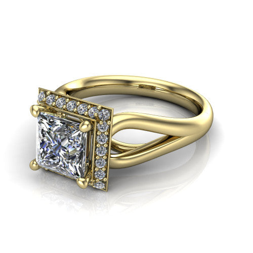 Daleyza princess-cut halo engagement ring in 18K Yellow Gold, three-quarter perspective showing the princess-cut center diamond, pave halo, and polished split-shank band