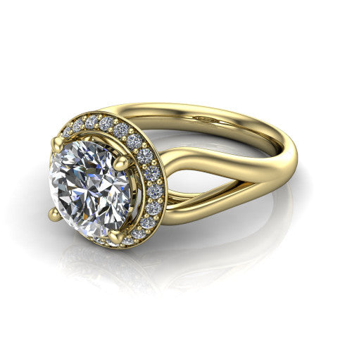Daleyza round halo engagement ring in 18K Yellow Gold, three-quarter perspective showing the round center diamond, pave halo, and polished split-shank band