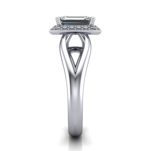 Daleyza emerald-cut halo engagement ring in 18K White Gold, side profile showing the polished split shank, pave halo, and open gallery profile