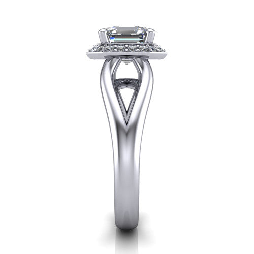 Daleyza square emerald-cut halo engagement ring in 18K White Gold, side profile showing the polished split shank, pave halo, and open gallery profile